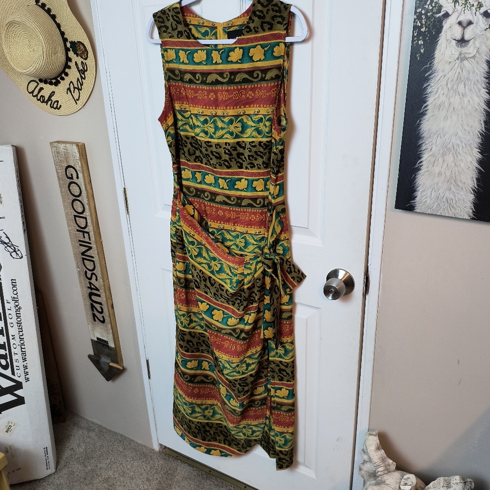 Vintage SAG HARBOR Tribal/Animal Print  Faux Wrap  Sleeveless Midi Dress Sz 14 - Picture 2 of 7